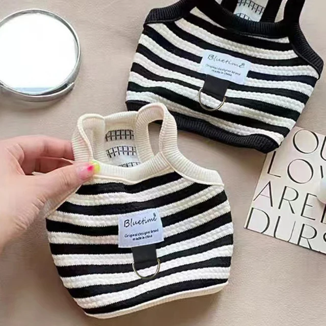 Vêtements d'été pour chiots, gilet rayé pour petits chiens, Bichon Frise, confortable, noir, col licou, vêtements pour animaux de compagnie avec anneau en D 1