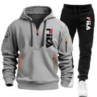Ensemble de survêtement à capuche pour homme, automne-hiver, sweat-shirt chaud à col rond avec cordon de serrage, pantalon de jogging, ensemble sportif quotidien 2 pièces 3