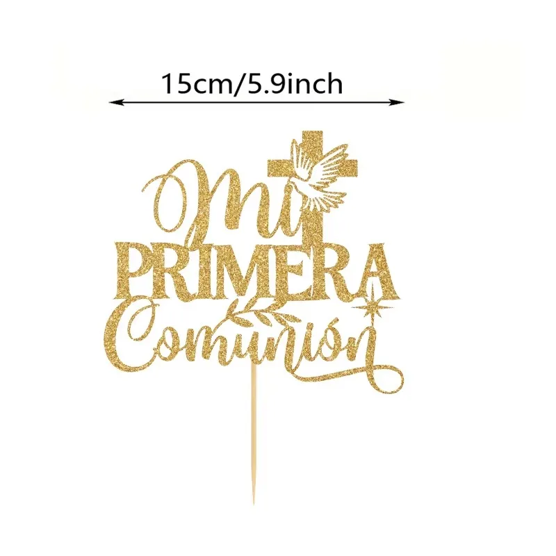 1pcs Spanish First Communion Cake Topper Personalized Gold Cross Religious Cake Decor God's Blessing Acrylic Birthday Party