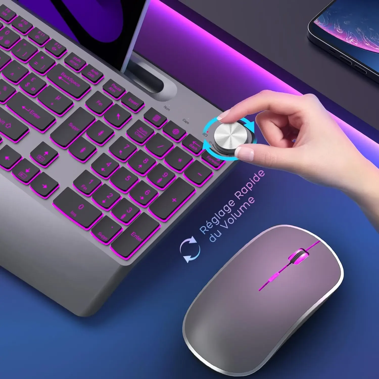 휴대폰용 손 받침대가 있는 무선 백라이트 키보드 PC Mac Windows와 호환 가능 - 무선 마우스 포함
