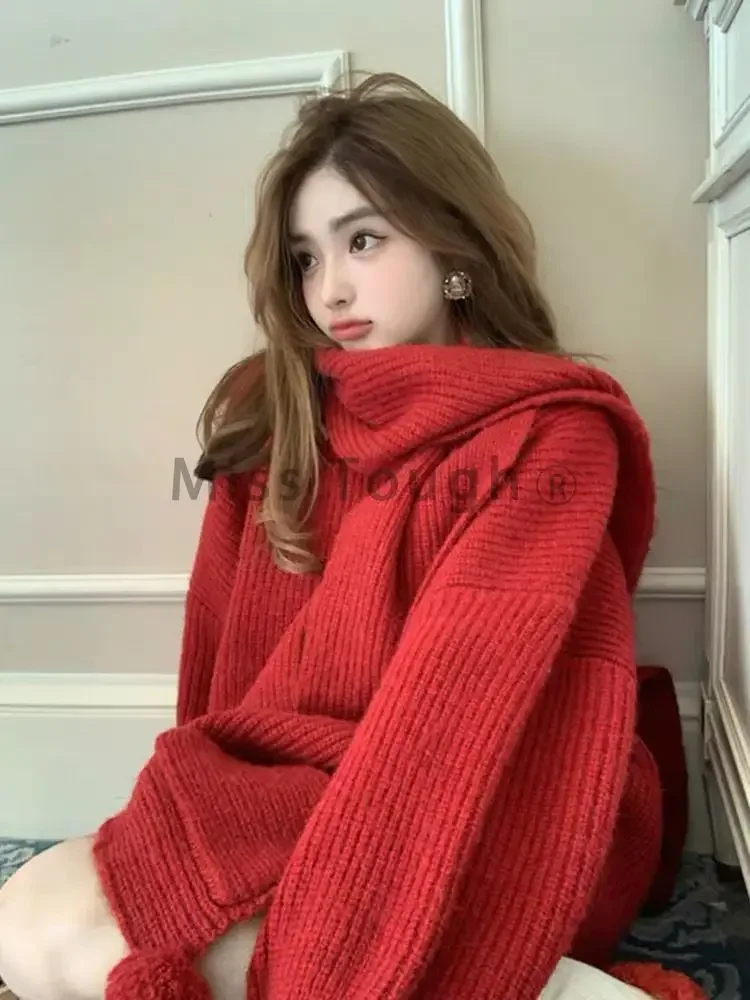 

2023 Autumn Winter Christmas Knitted Pullover Women Korean Fashion Loose Elegant Sweater Tops Female France Retro Chic Clothes
