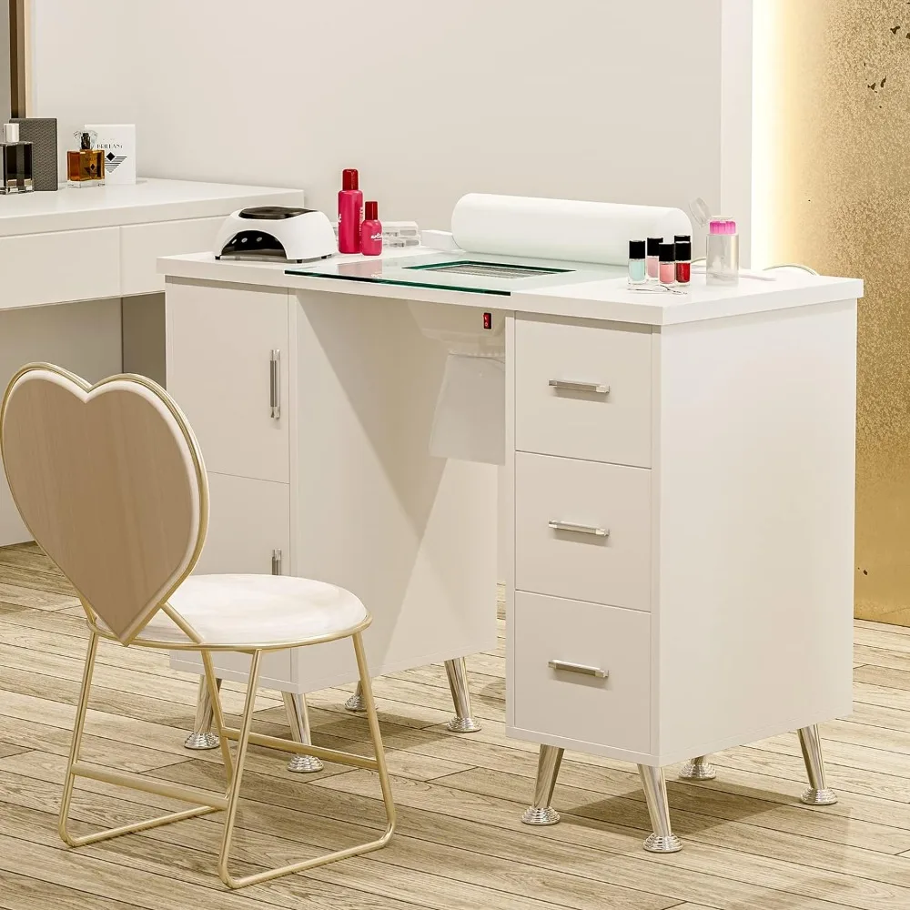 

Manicure Table Nail Desk for Nail Tech Glass Top Beauty Salon Nail Tech Table Station with Electric Downdraft Vent Wrist Cushion