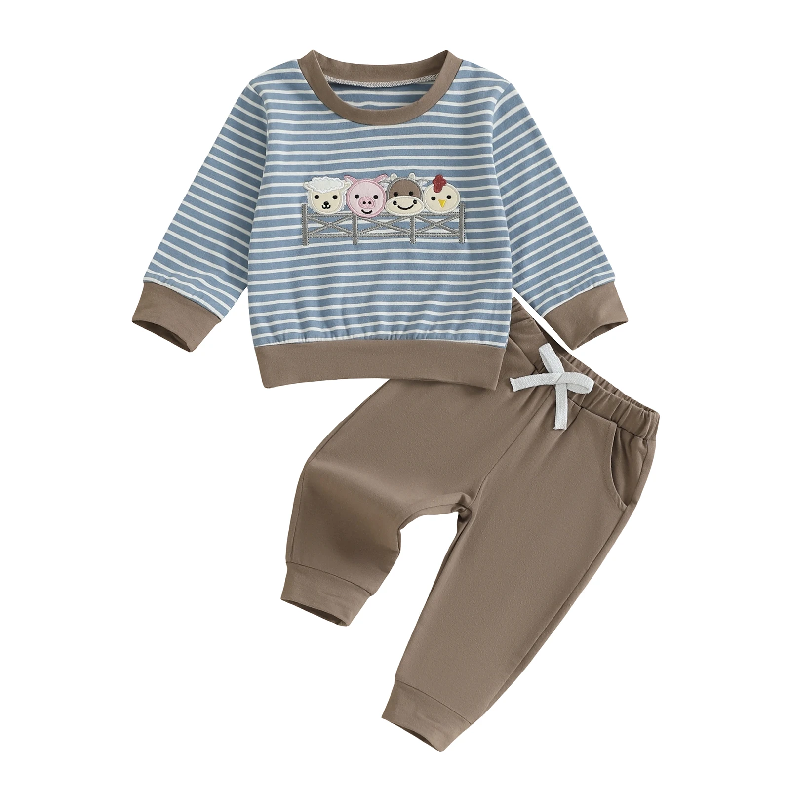 בגדי תינוק בן 2 חתיכות בגדים עם שרוול ארוך, צוואר עגול, רקמה של חיות, חולצות פסים ומכנסיים