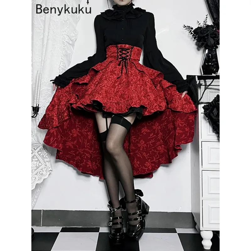 

Женская юбка с завышенной талией, красная облегающая юбка в готическом стиле, асимметричная юбка в стиле стимпанк, лето 2019