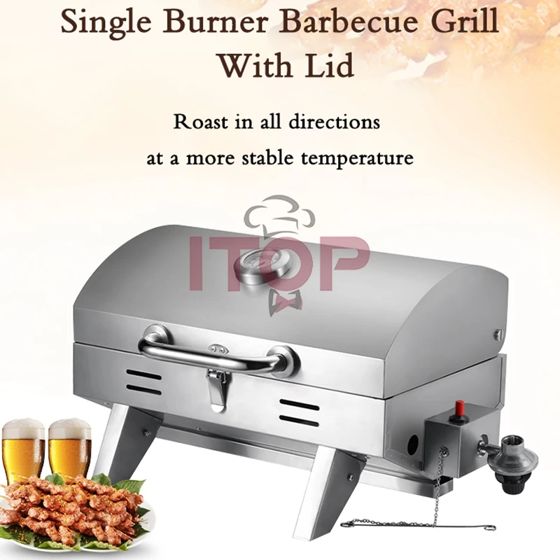 ITOP 2800 Pa Gas Grill Stainless Steel BBQ Stove with Lid LPG BBQ Grill 4.1KW 14000 BTU/H Temperature Up to 350℃