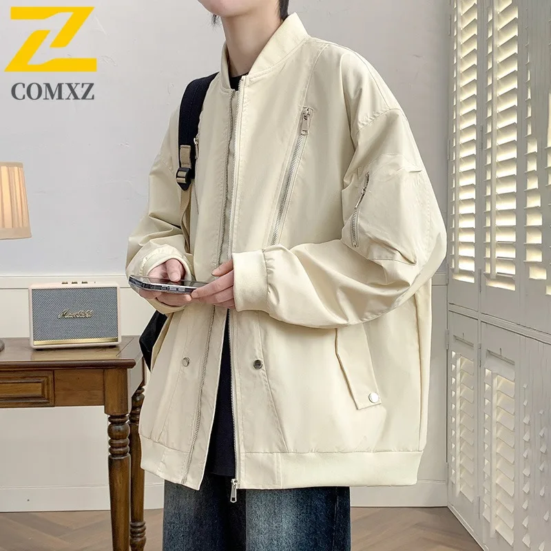 Men's Baseball Collar Jacket Heavyweight Zipper Flight Coat American Style Windproof Water-Resistant Spring Autumn Outerwear