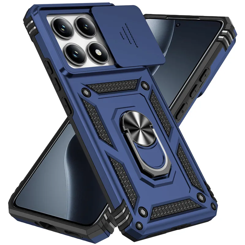 Durable Armor Protective Case with Slide Lens Cover and Ring Stand