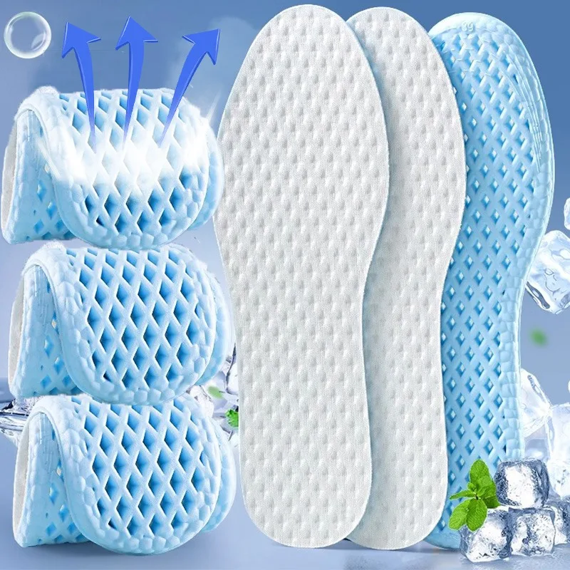 Blue Cool Feeling Insoles for Women Men Soft Sweat Absorb Deodorization Breathable Sport Shoe Pads High Elastic Barefoot Insole