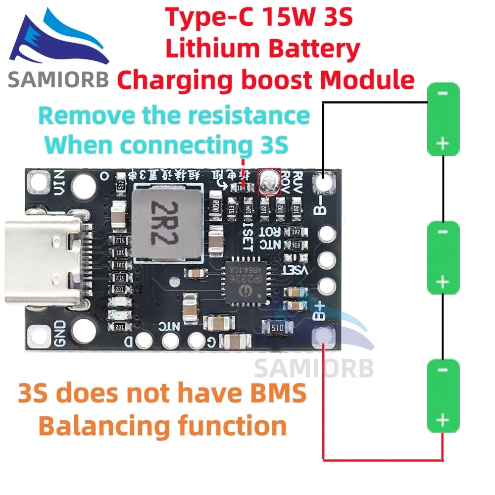 SAMIROB USB 2/3S BMS 15W 8,4V 12,6V 1,5A Lithium-Batterie-Lade-Boost-Modul mit symmetrischer Unterstützung Schnellladung mit Anzeige