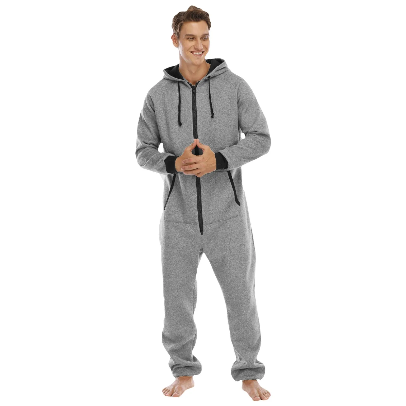 Men'S Solid Color Onesie Pijama Overseize Zipper V Neck Long Sleeve Hoodie Sleepwear Rompers Adult Warm Comfortable Homewear
