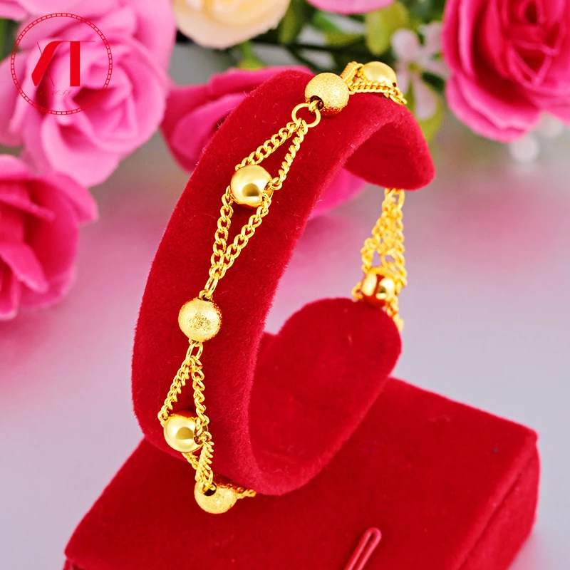 

24K Pure Gold Plated GP Bracelets Glossy Frosted Beads Charm Bracelet 17+5cm Adjustable Chain Bangle for Women Gifts