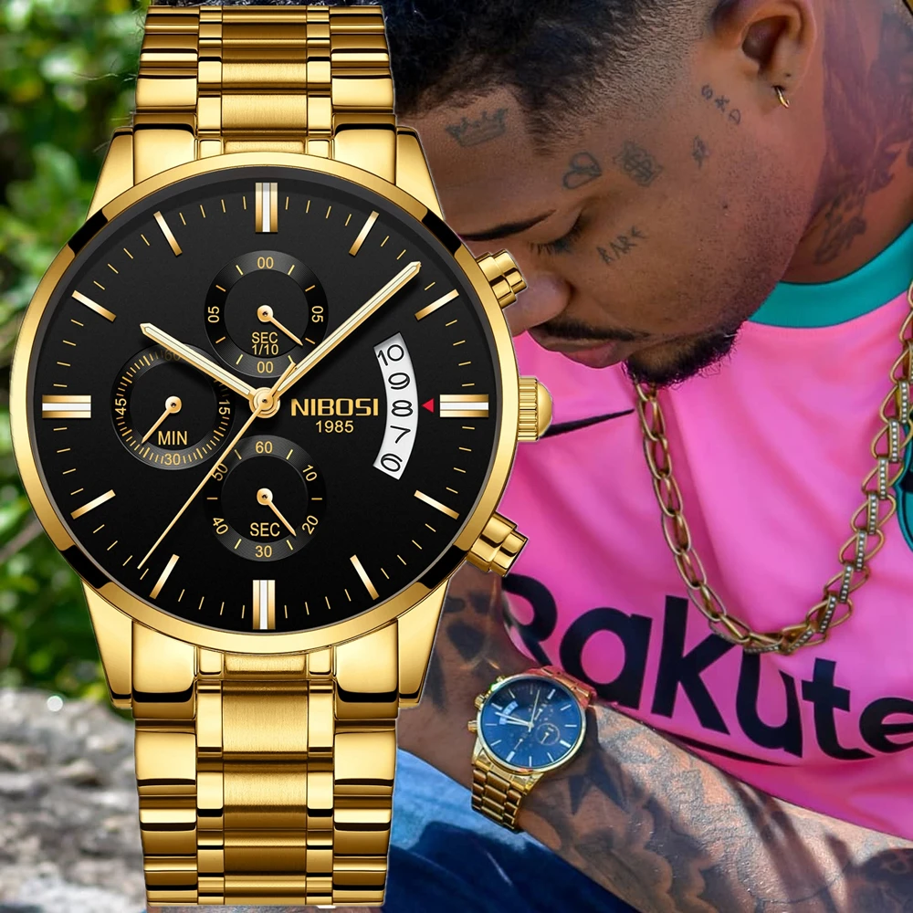 Montre Homme NIBOSI – Classique En Acier Inoxydable, étanche 3 ATM, Avec Affichage Date Et Jour, Cadran Doré