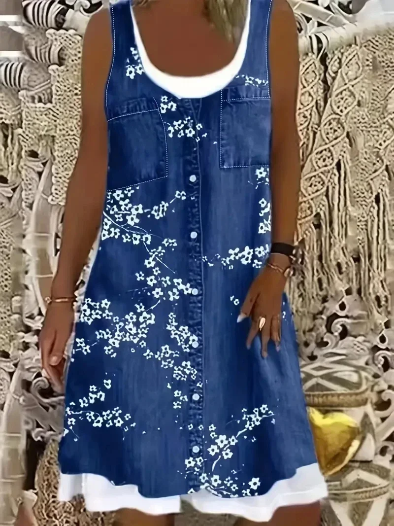 플러스 사이즈 여성용 캐주얼 원피스 올오버 프린트 인조 트윈셋, 라운드 넥, 약간 신축성 있는 탱크 원피스