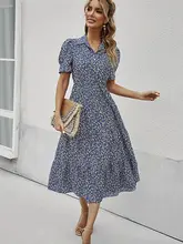 

Ladies Vintage Floral Print Summer Dress Women Casual Slim Ruffles Party Beach Midi Shirt Dress Women Sundress Vestidos Female