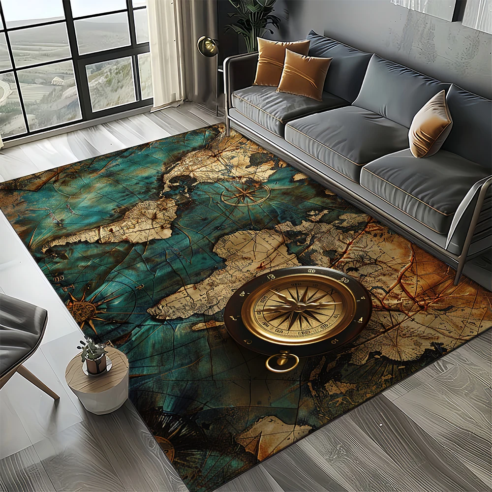 Nautical Map Rug – Retro Marine Compass Carpet | Non Slip Floor Mat for Living Room