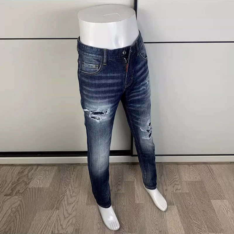 Street Fashion Men Jeans Retro Blue High Quality Elastic Stretch Skinny Fit Ripped Jeans Men Vintage Designer Brand Pants Hombre