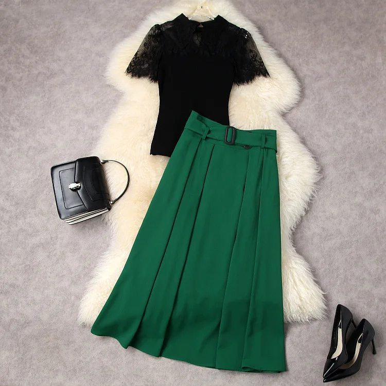 

European and American women's summer 2022 new Short sleeve lapel lace T-shirt Belt green pleated skirt Fashion suits