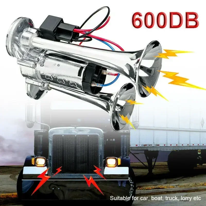 Super Loud 600DB Dual Trumpet Train Horns for Trucks 12V Stainless Steel Electric High Decibel Chrome Finished Car Speaker with