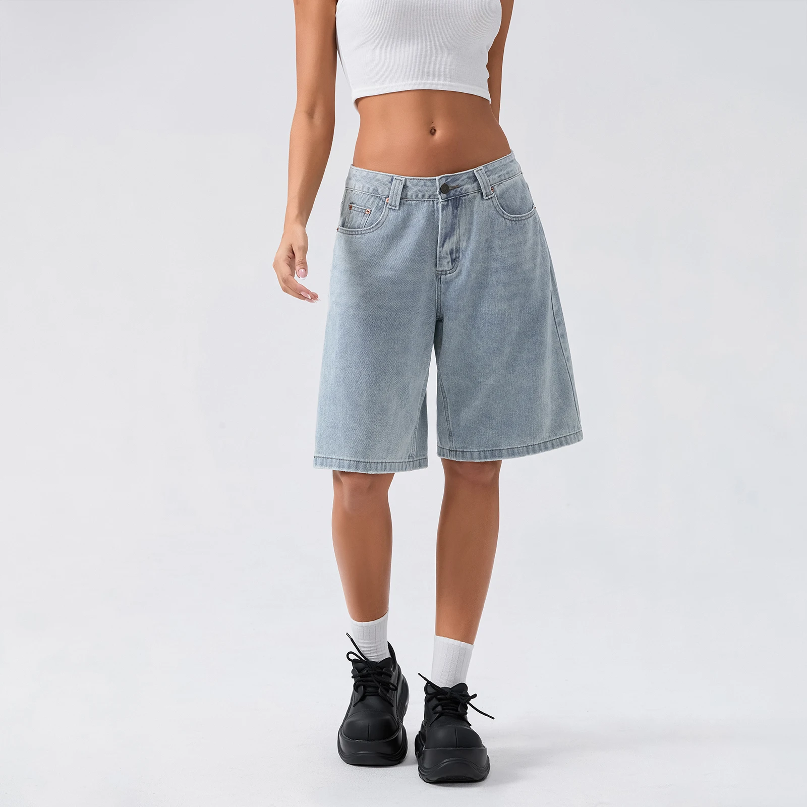 New Fashion Womens Knee Length Denim Shorts Loose Solid Color Low Rise Wide Leg Long Shorts With Pockets For Summer S-2XL