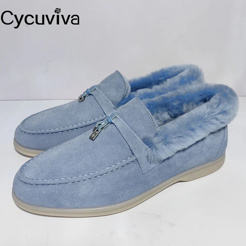 

Cycuviva Winter Wool Women Flat Shoes Metal Decor Warm Snow Boots Classic Slip-on Fur Shoes Ladies Designer Summr Walk Loafers