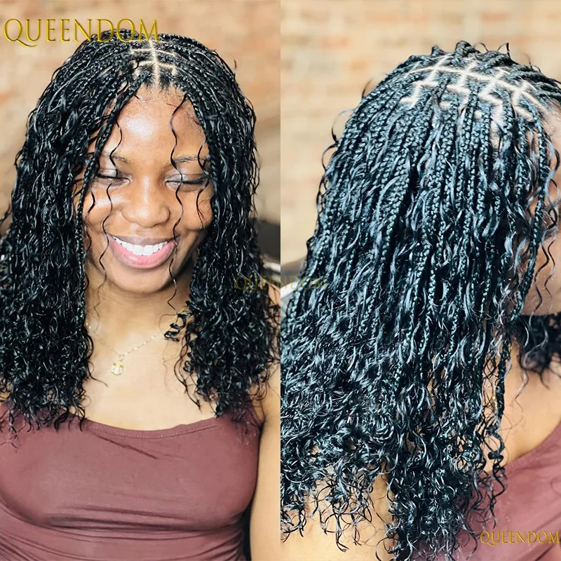 12" Short Boho Braided Wigs for Black Women Knotless Box Braid Wig with Baby Hair Synthetic Full Lace Braids Wig With Curly Hair