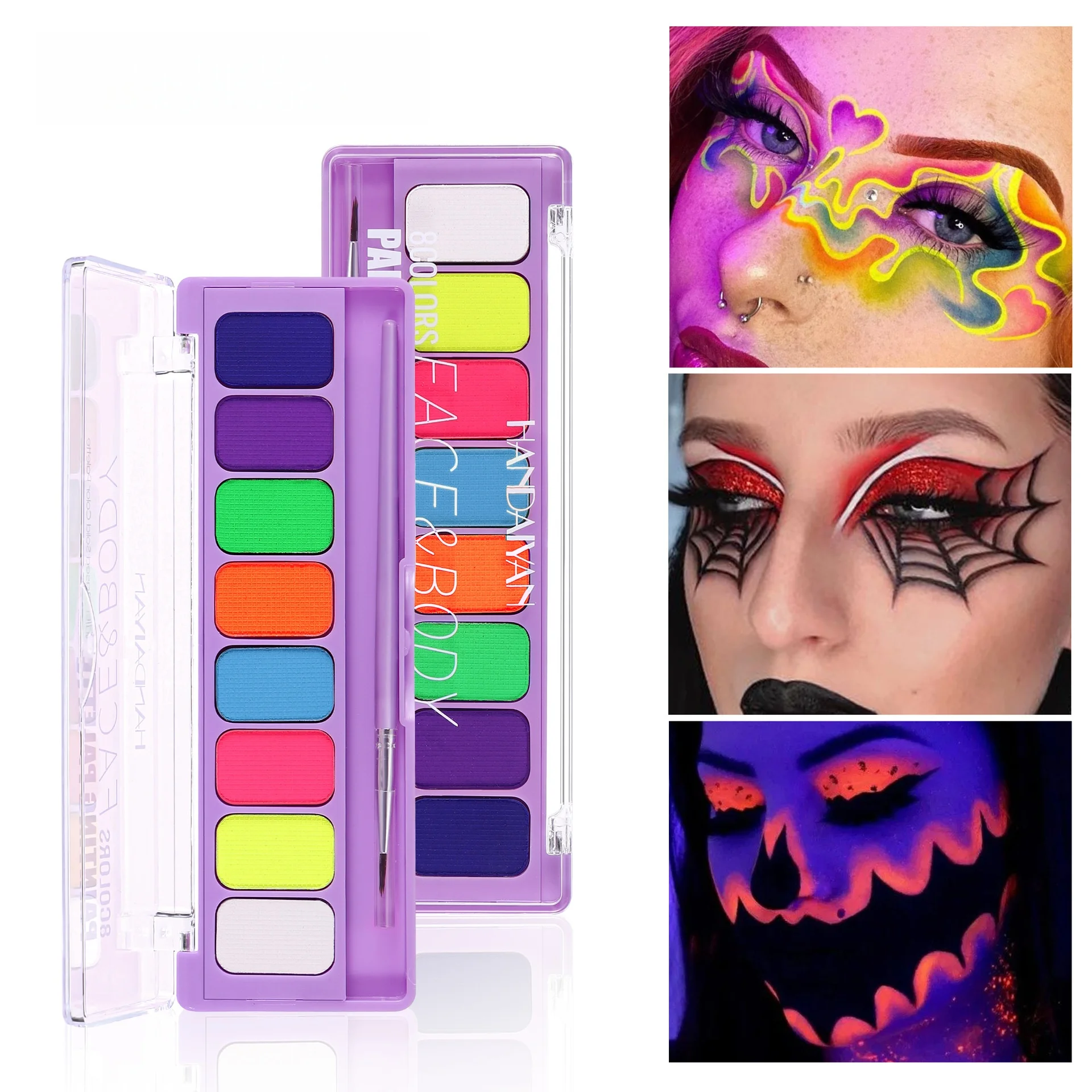 Palette di 8 Colori per Trucco Viso e Corpo, Vernice Fluorescente Solubile in Acqua, Cosmetici UV per Feste di Halloween, Trucco per Travestimenti - immagine 2