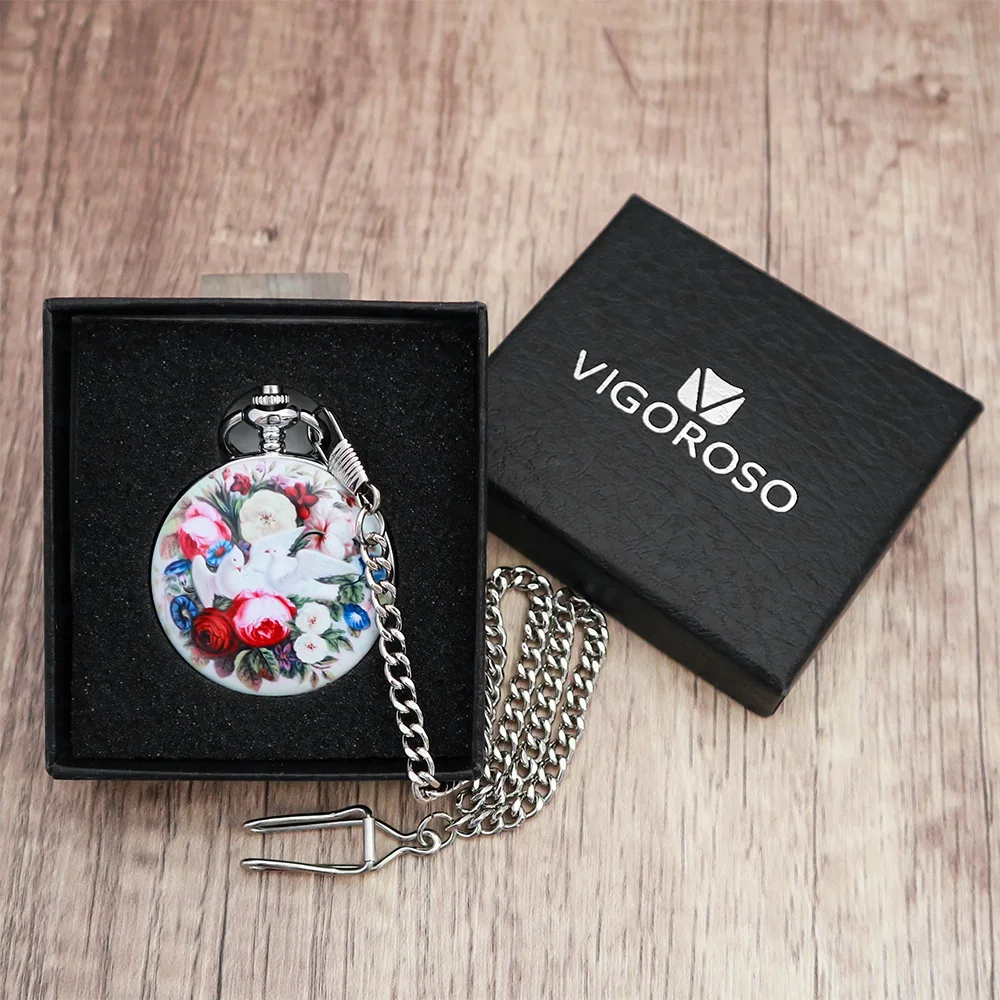VIGOROSO 기계식 주머니 시계 절묘한 에나멜 페인팅 빈티지 Fob 체인 주머니 시계 Mens Womens Gifts