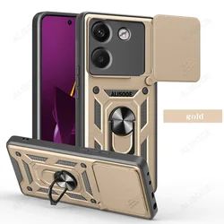 Armor Shockproof Case with Slide Camera Cover and Rotating Ring Stand for POCO M7 Pro 5G (Gold)