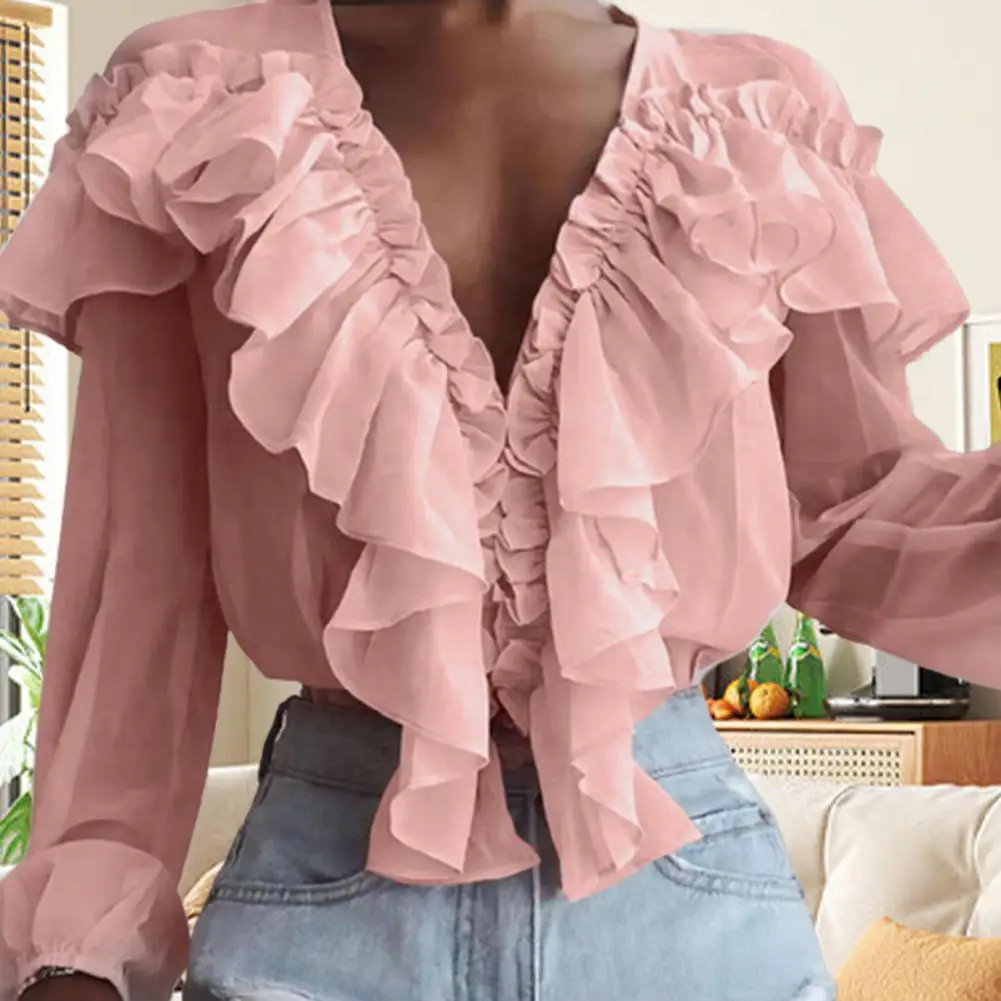 

Stylish Women Tops V-neck Elastic Cuffs Chiffon Blouse Ruffle Collar Sweet Pullover Blouse