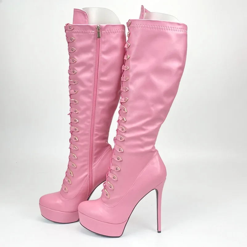 

2024 Women Winter Platform Knee Boots Faux Leather Unisex Sexy Stiletto Heels Round Toe Nice Pink Club Shoes US Size 5-20