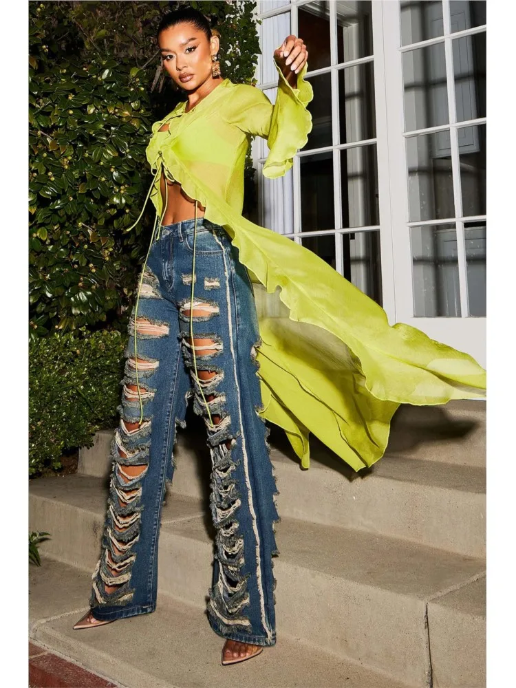 

Merloly Blue Denim Pants for Women 2023 Summer Streetwear Fashion Cutout Ripped Hollow Out Wide Leg Straight Jeans Trousers