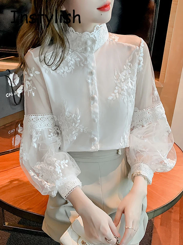 

Элегантная кружевная шифоновая блузка в стиле пэчворк с воротником-стойкой, сетчатые рубашки с длинными рукавами-фонариками и вышивкой, женская одежда в Корейском стиле, топы