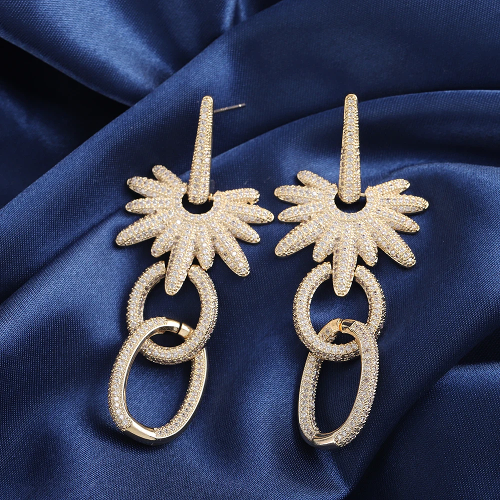 Geometric Lines Top Luxury Earrings Gold Shiny Aaa Cubic Zirconia Intensive Inlays High Design Jewelry Banquet Party Accessories