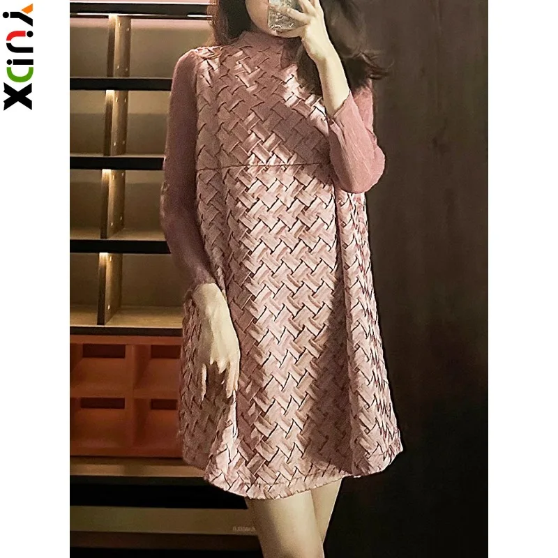 

Miyake Fashion Design Mesh Long Sleeve Pleated Women's Dress Fashion Temperament Loose Plus Size A-line Dress 2024 Spring New