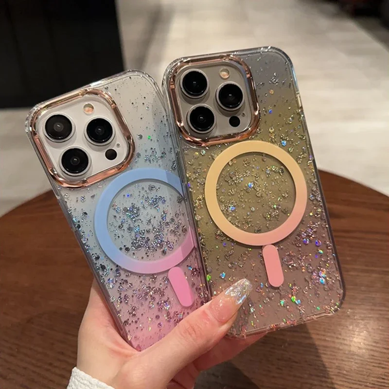 Luxus-Glitzer für Magsafe Acrylhülle für iPhone 16 15 Pro Max 14 13 Magnetische Gradient-Bling-Hardcover für iPhone 16ProMax_voghion.com