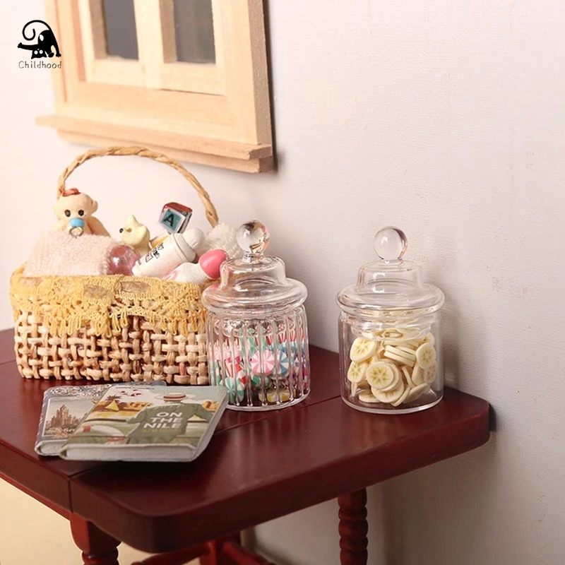1:12 Dollhouse Miniature Candy Jar Glass Bottle Storage Tank with Lid Tiny Vial Home Decor Toy Doll House Accessories 4