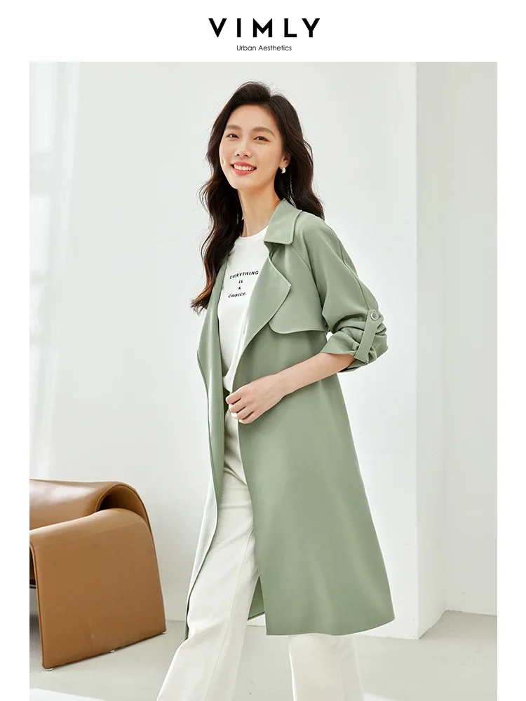Vimly Women's Autumn Trench Coat Female New in Outerwear Loose Long Sleeve Straight Green Wrap Coats Women's Clothing F6105