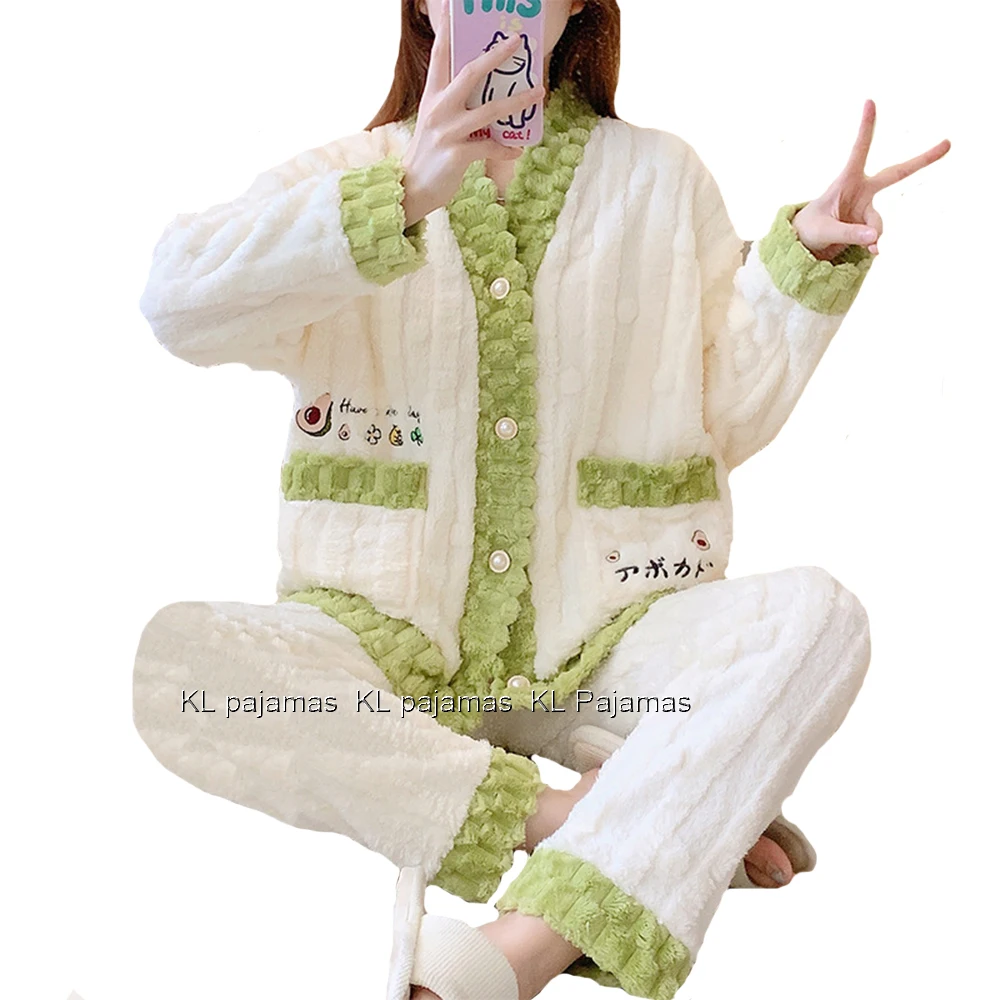 

Winter Thicken Plush Pajamas Sets Women's Long Sleeve Sleepwear with Long Pants Button Down Nightwear Soft Loungewear Pjs Set