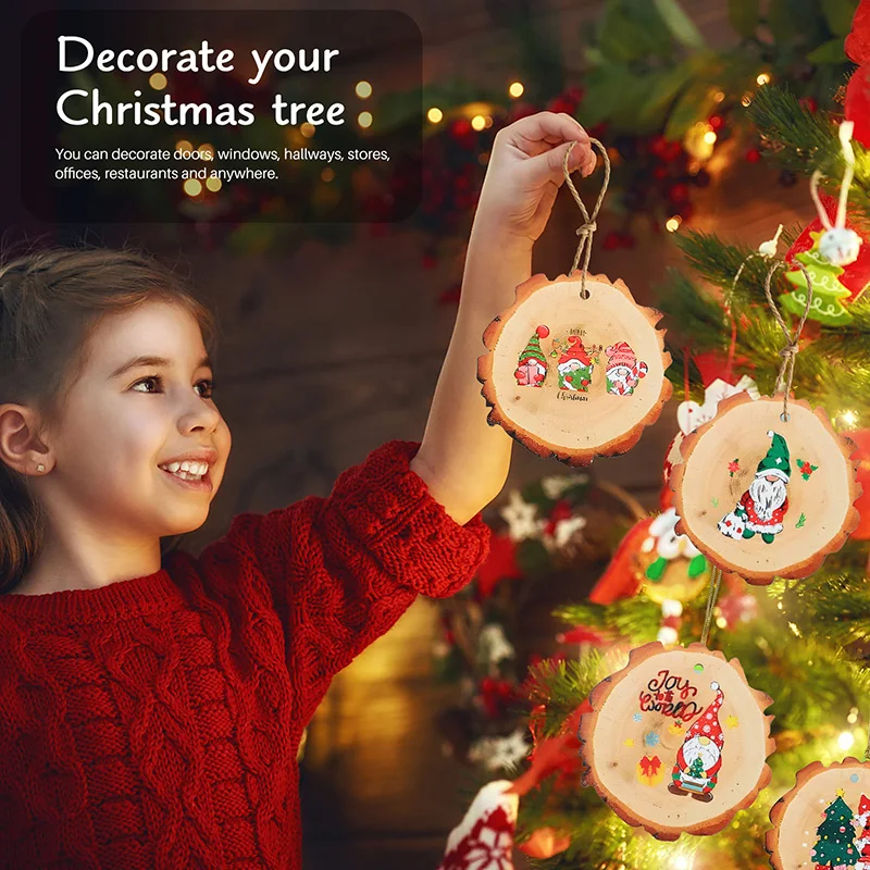 12/24Pcs Christmas Wooden Ornament Cartoon Santa Claus Rustic Wood Slice New Year Home Decoration Xmas Tree Hanging Pendant Gift