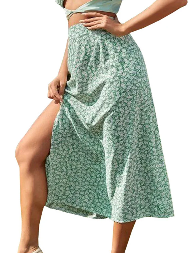 A-lijn lange elastische bodycon rok hoge split polyester vintage dames dames dames zomer print mode