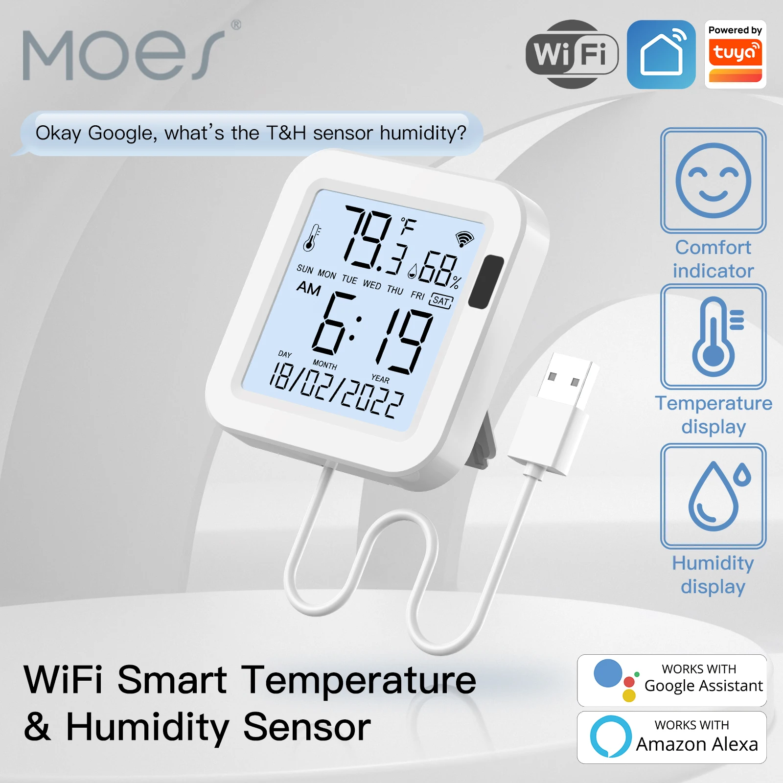 

MOES WiFi Temperature & Humidity Sensor LCD Screen Infrared Sensing Backlight Smart Tuya APP Remote Control Alexa Google Voice