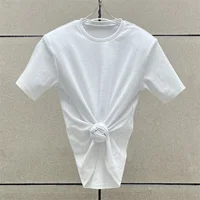 T-shirt femme 2025 été nouveau haut à manches courtes tricoté élastique fleur 3D décoré col rond pull pur coton haut court 4