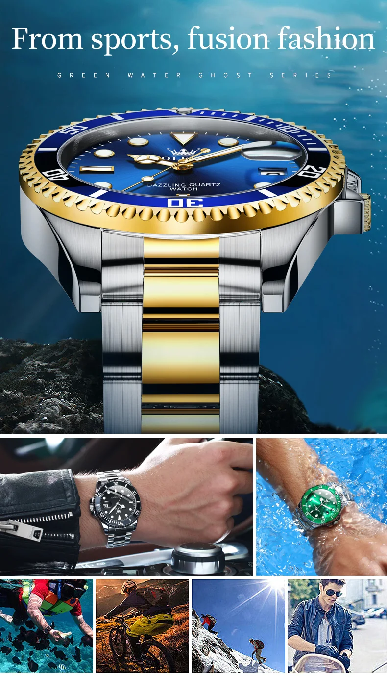 Olevs top original herren quarz uhr grün wasserdichte uhr für männer edelstahl quarz herren luxus uhr leuchtende armbanduhr – Detail 2