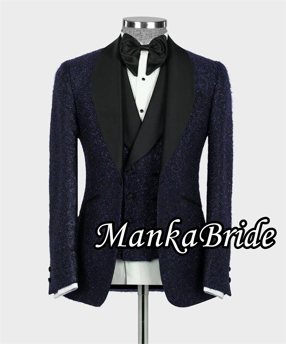 Glitter Navy Blue Men's Suit for Wedding Groom Tuxedo 2 Vents Blazer Vest Pants Special Occasion Party Male Jacket Suits Set