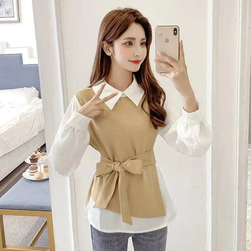 

Комплект из двух предметов, Женский Топ на осень, новинка 2023, свободная Корейская шифоновая рубашка-поло с длинным рукавом и воротником-поло, женская модная Универсальная футболка