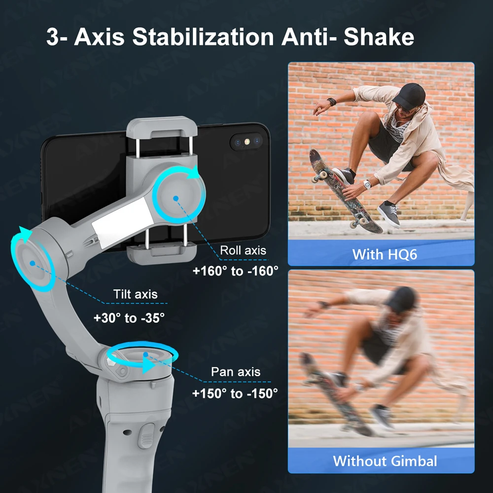 Smartphone fixé sur le stabilisateur AXNEN HQ6, lampe LED allumée éclairant un sujet, prise en main.