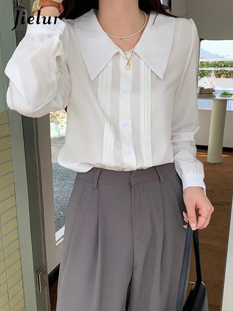 

Jielur Рубашка Женская в французском стиле, шикарная блуза для офиса, однобортная прямая свободная модная уличная одежда сплошного цвета