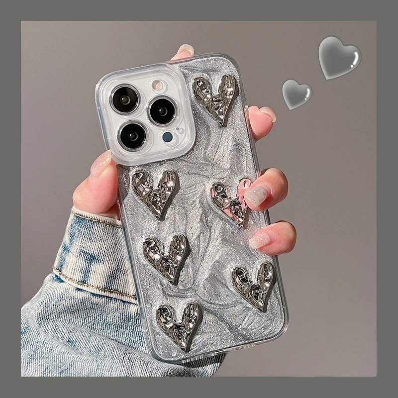 thumbnail image 1 of Retro Ins Shining Love Heart Phone Case For iPhone 15 14 13 12 11 Pro Max Ultra-thin Glitter 3D Epoxy Silver Soft Back Cover, 1 of 4