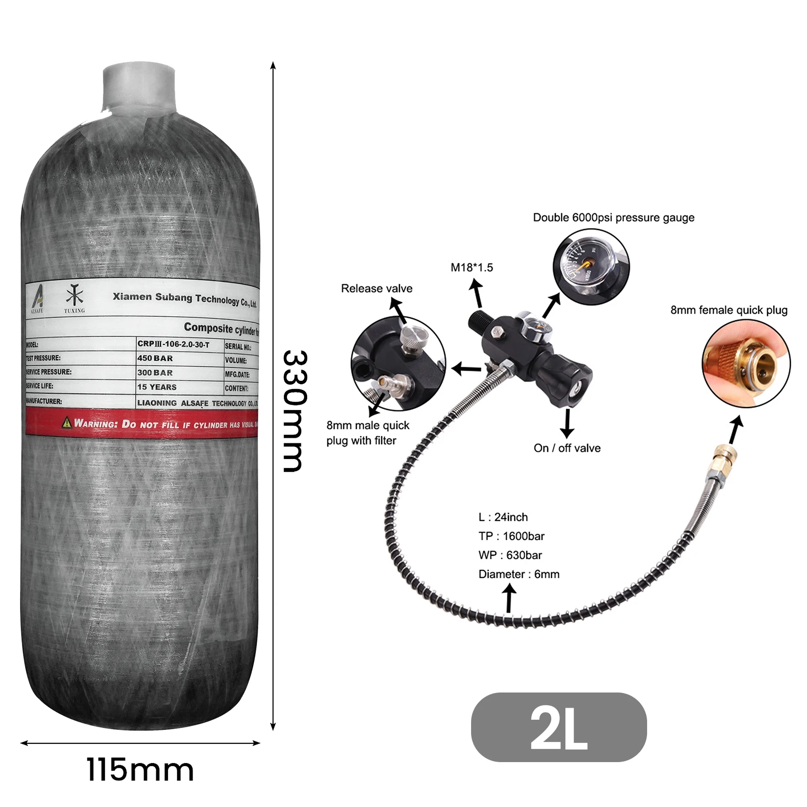 TUXING 300Bar 2L Carbon Fiber Cylinder with Regulator Gauge valve 4500psi High P