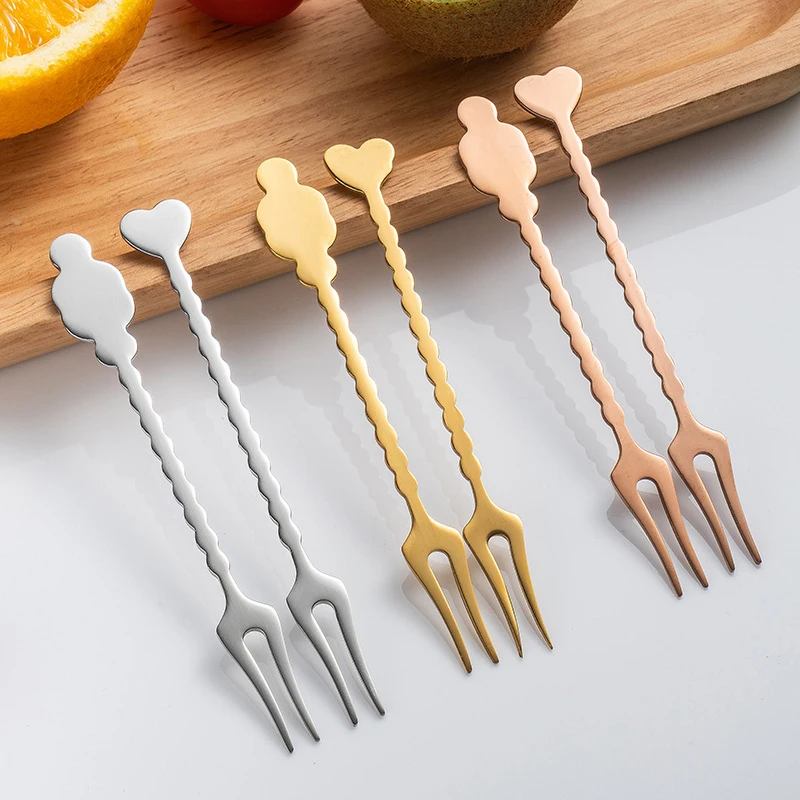 Creative Fruit Fork Luxury Stainless Steel Cake Dessert Forks Mini Two